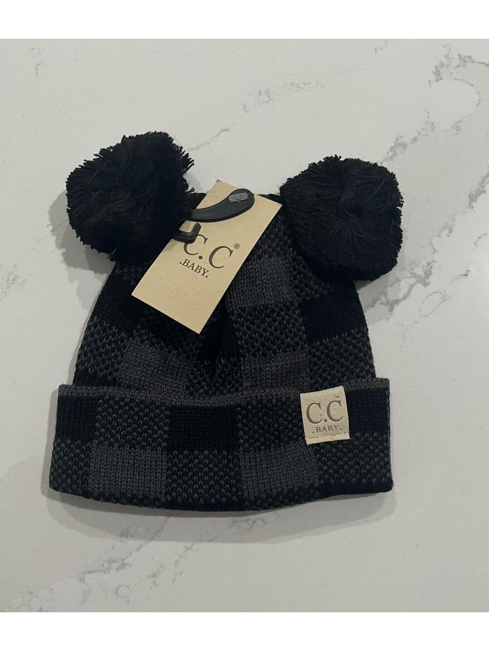 CC Baby Double Pom Buffalo Plaid Infant Beanie Black/Gray Newborn to 9 months